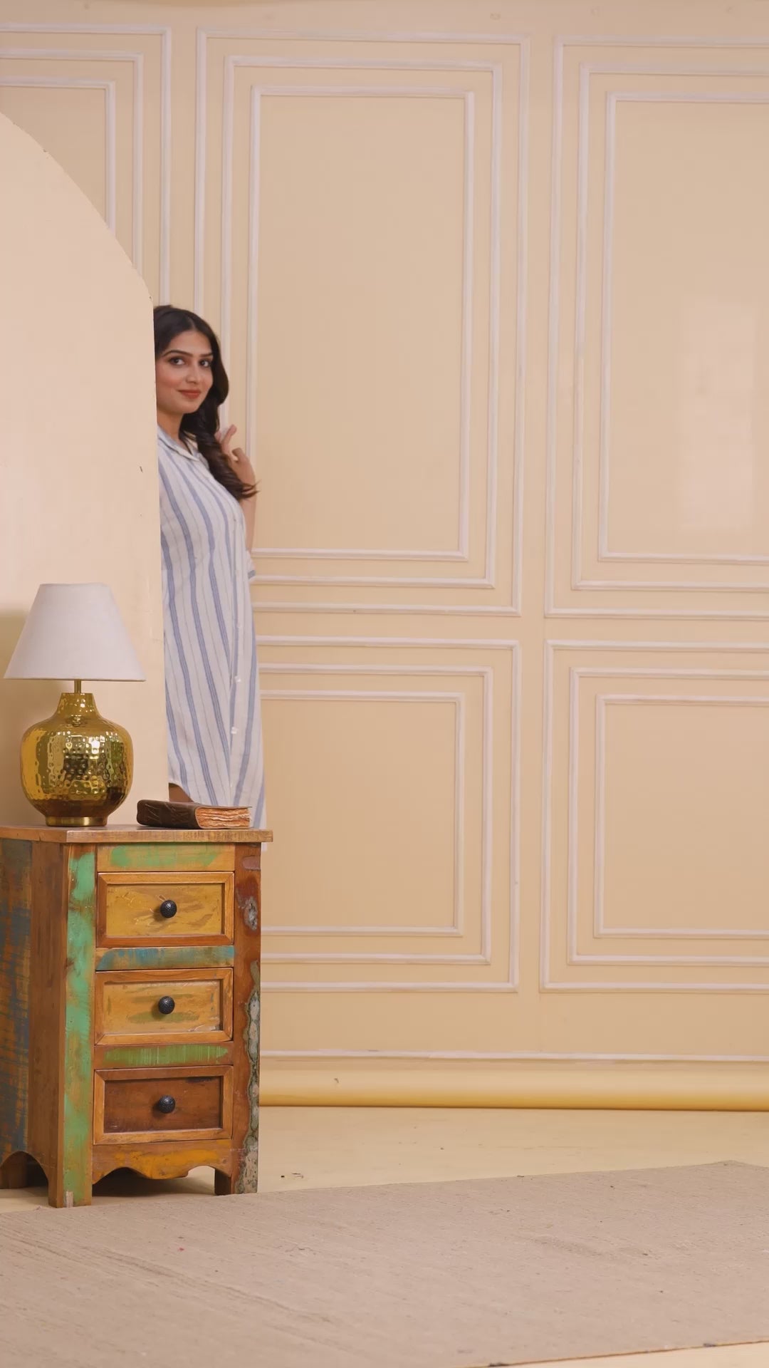 Beige Striped Linen Short Kurti Dress